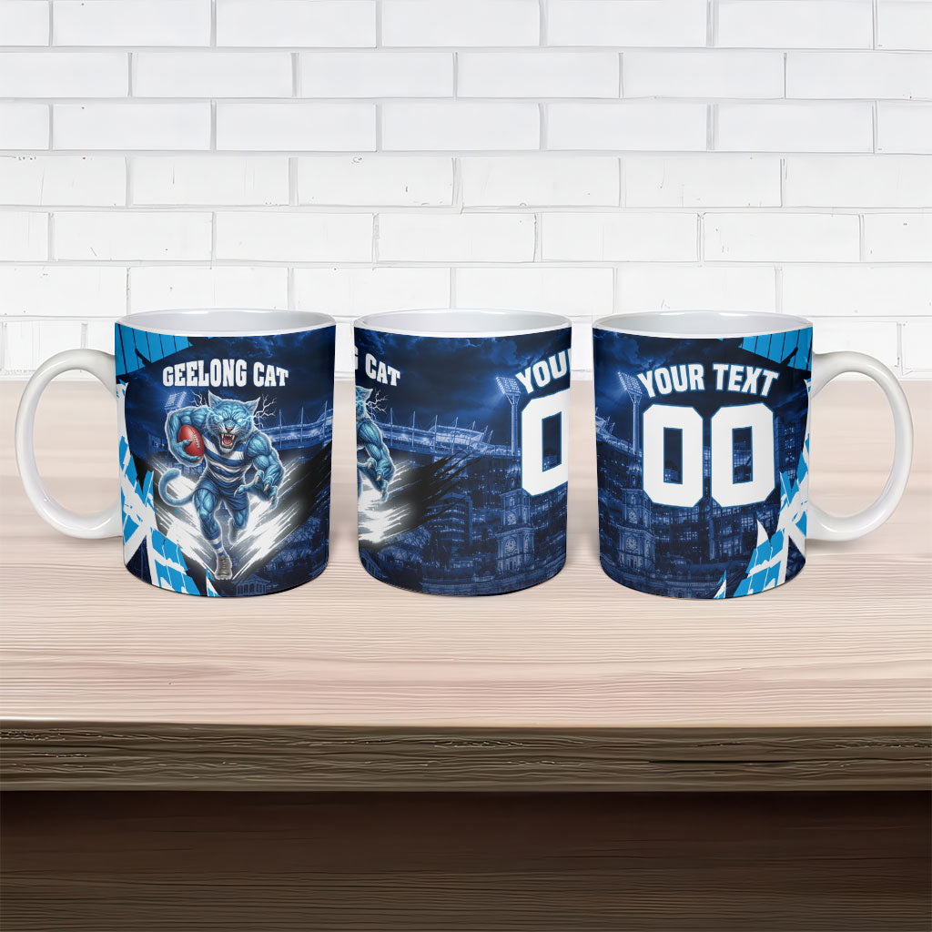 Personalised Geelong Cat Football Ceramic Mug Electric Blue Mascot Charging Cityscape