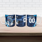 Personalised Geelong Cat Football Ceramic Mug Electric Blue Mascot Charging Cityscape