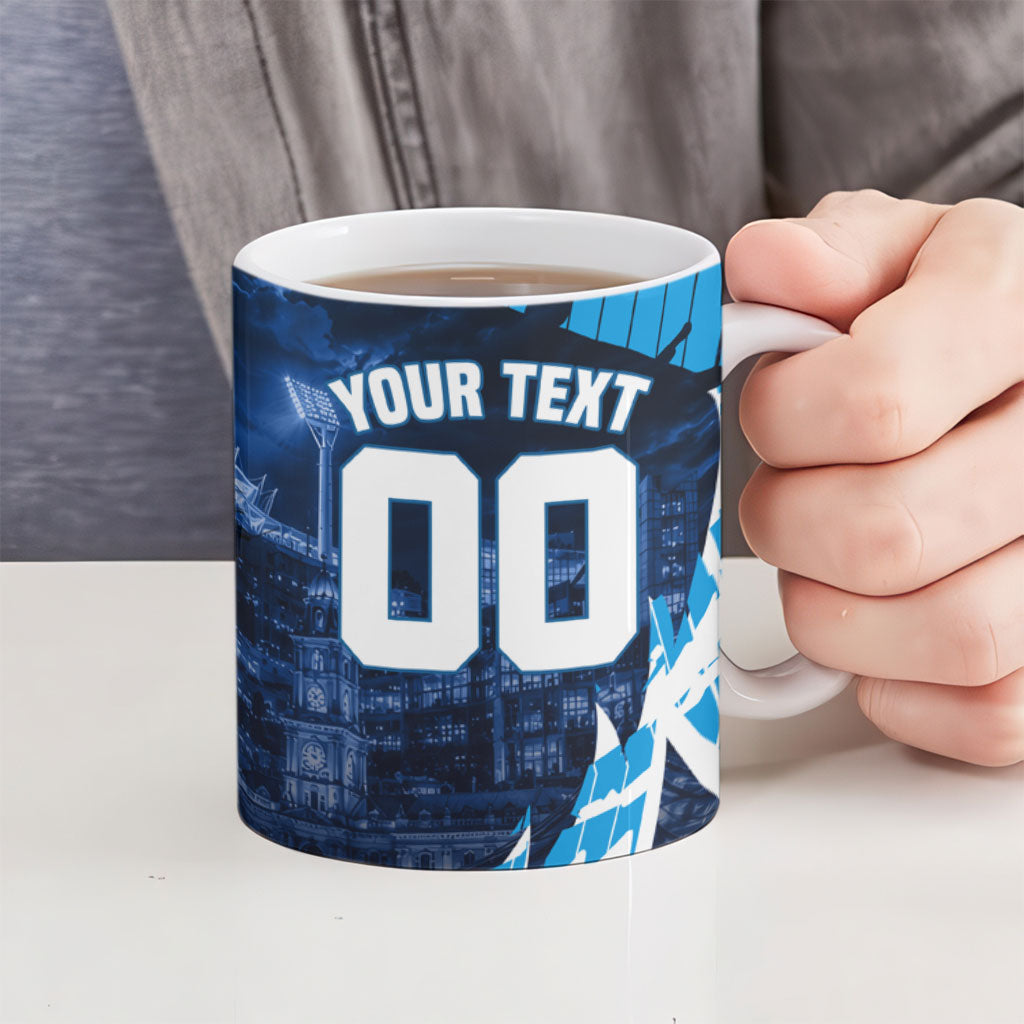 Personalised Geelong Cat Football Ceramic Mug Electric Blue Mascot Charging Cityscape