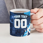 Personalised Geelong Cat Football Ceramic Mug Electric Blue Mascot Charging Cityscape