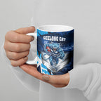 Personalised Geelong Cat Football Ceramic Mug Electric Blue Mascot Charging Cityscape