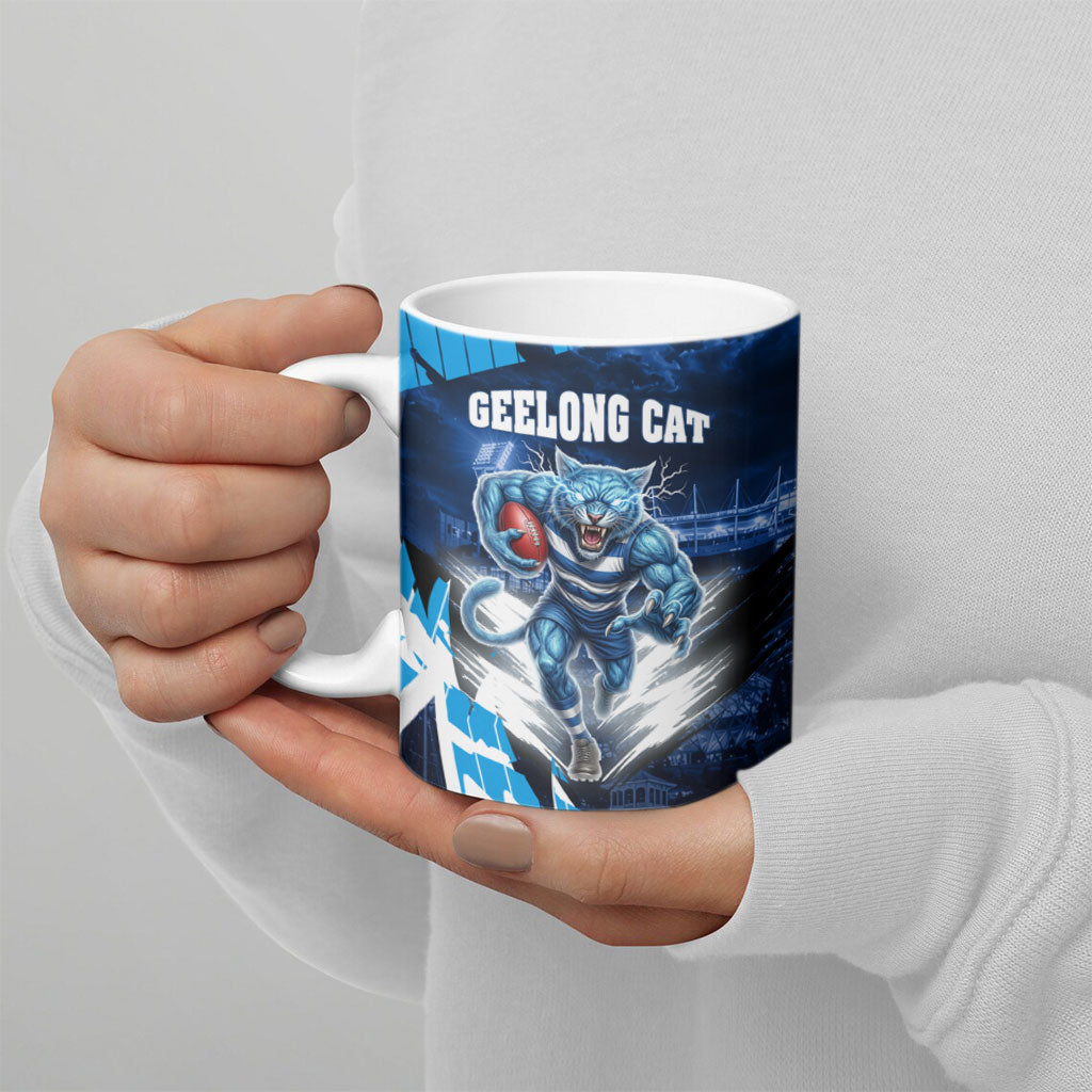Personalised Geelong Cat Football Ceramic Mug Electric Blue Mascot Charging Cityscape