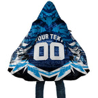 Personalised Geelong Cat Football Cloak Electric Blue Mascot Charging Cityscape