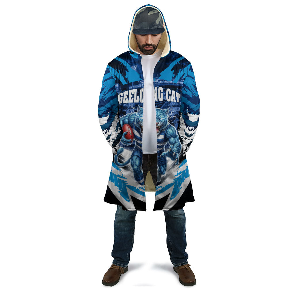 Personalised Geelong Cat Football Cloak Electric Blue Mascot Charging Cityscape