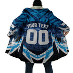 Personalised Geelong Cat Football Cloak Electric Blue Mascot Charging Cityscape