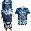 Personalised Geelong Cat Football Couples Matching Long Sleeve Bodycon Dress and Hawaiian Shirt Electric Blue Mascot Charging Cityscape