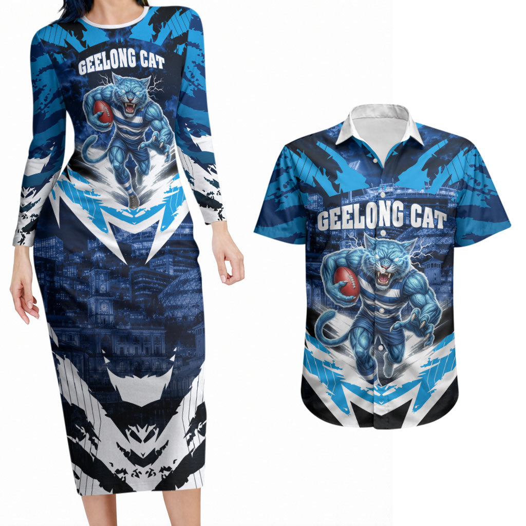 Personalised Geelong Cat Football Couples Matching Long Sleeve Bodycon Dress and Hawaiian Shirt Electric Blue Mascot Charging Cityscape