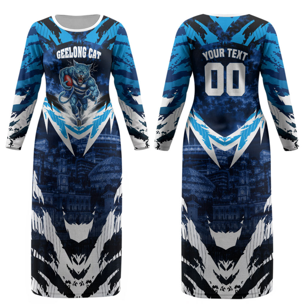 Personalised Geelong Cat Football Couples Matching Long Sleeve Bodycon Dress and Hawaiian Shirt Electric Blue Mascot Charging Cityscape