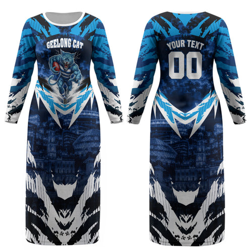 Personalised Geelong Cat Football Couples Matching Long Sleeve Bodycon Dress and Hawaiian Shirt Electric Blue Mascot Charging Cityscape