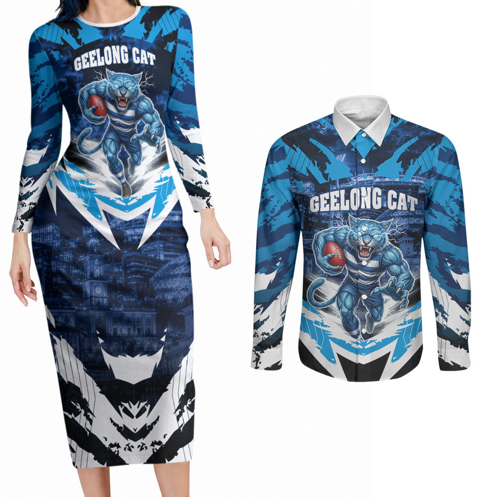 Personalised Geelong Cat Football Couples Matching Long Sleeve Bodycon Dress and Long Sleeve Button Shirt Electric Blue Mascot Charging Cityscape