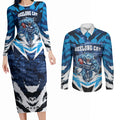 Personalised Geelong Cat Football Couples Matching Long Sleeve Bodycon Dress and Long Sleeve Button Shirt Electric Blue Mascot Charging Cityscape