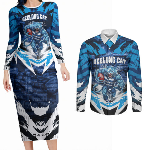Personalised Geelong Cat Football Couples Matching Long Sleeve Bodycon Dress and Long Sleeve Button Shirt Electric Blue Mascot Charging Cityscape