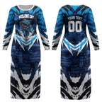 Personalised Geelong Cat Football Couples Matching Long Sleeve Bodycon Dress and Long Sleeve Button Shirt Electric Blue Mascot Charging Cityscape