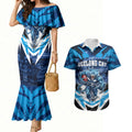 Personalised Geelong Cat Football Couples Matching Mermaid Dress and Hawaiian Shirt Electric Blue Mascot Charging Cityscape