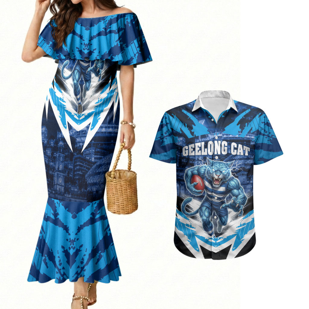 Personalised Geelong Cat Football Couples Matching Mermaid Dress and Hawaiian Shirt Electric Blue Mascot Charging Cityscape
