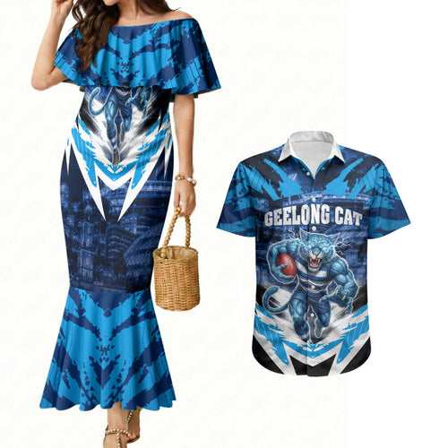 Personalised Geelong Cat Football Couples Matching Mermaid Dress and Hawaiian Shirt Electric Blue Mascot Charging Cityscape