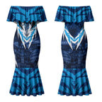 Personalised Geelong Cat Football Couples Matching Mermaid Dress and Hawaiian Shirt Electric Blue Mascot Charging Cityscape
