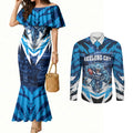 Personalised Geelong Cat Football Couples Matching Mermaid Dress and Long Sleeve Button Shirt Electric Blue Mascot Charging Cityscape