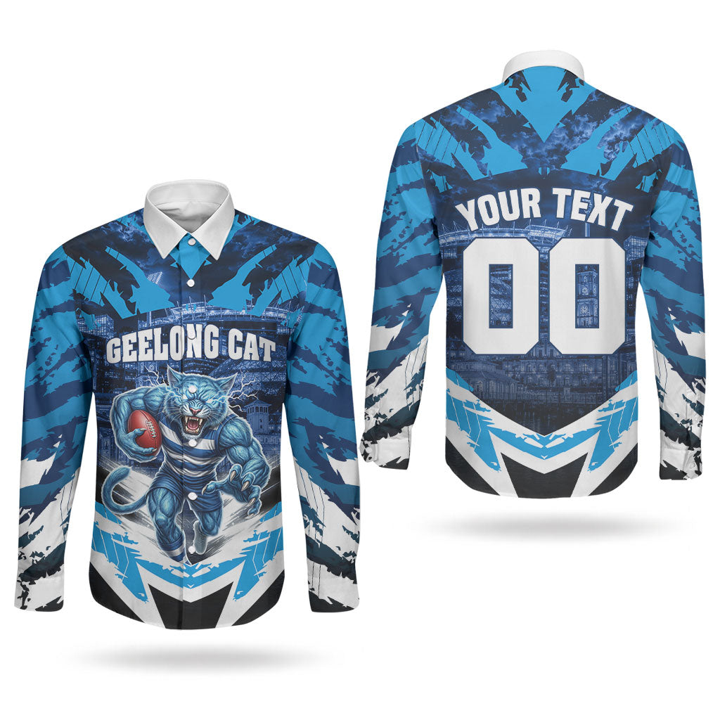 Personalised Geelong Cat Football Couples Matching Mermaid Dress and Long Sleeve Button Shirt Electric Blue Mascot Charging Cityscape