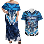 Personalised Geelong Cat Football Couples Matching Off Shoulder Maxi Dress and Hawaiian Shirt Electric Blue Mascot Charging Cityscape