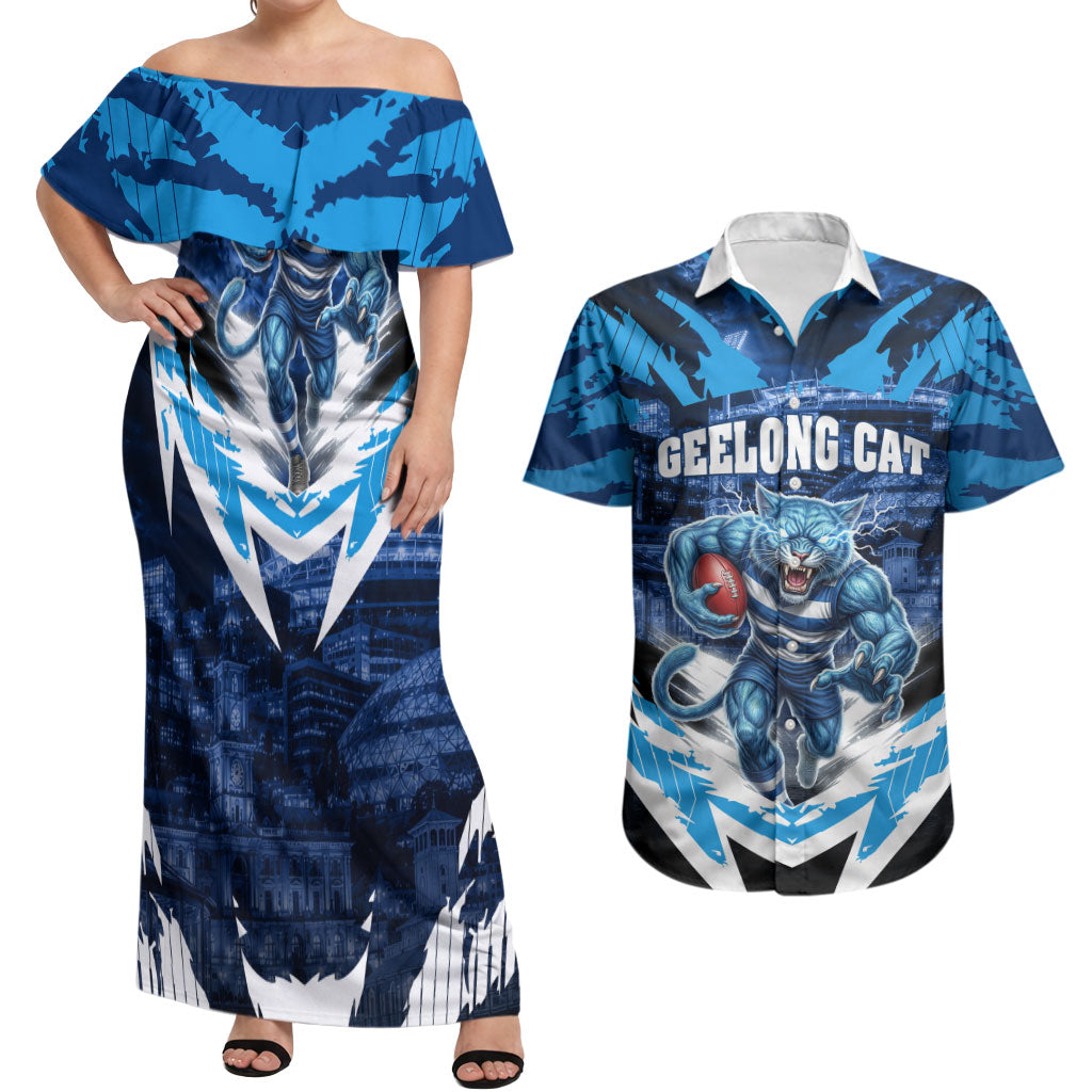 Personalised Geelong Cat Football Couples Matching Off Shoulder Maxi Dress and Hawaiian Shirt Electric Blue Mascot Charging Cityscape