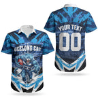 Personalised Geelong Cat Football Couples Matching Off Shoulder Maxi Dress and Hawaiian Shirt Electric Blue Mascot Charging Cityscape