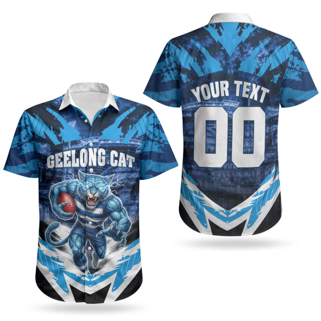 Personalised Geelong Cat Football Couples Matching Off Shoulder Maxi Dress and Hawaiian Shirt Electric Blue Mascot Charging Cityscape