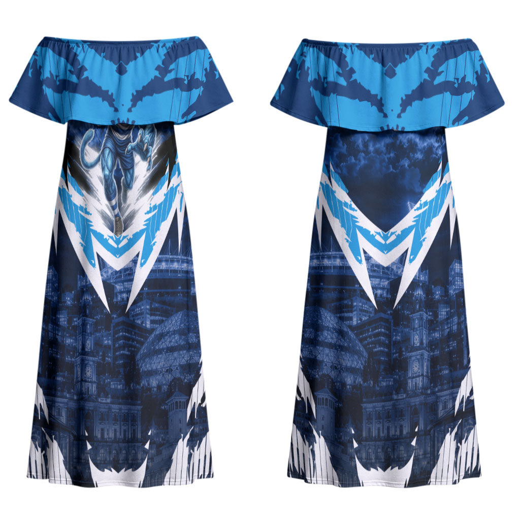 Personalised Geelong Cat Football Couples Matching Off Shoulder Maxi Dress and Hawaiian Shirt Electric Blue Mascot Charging Cityscape