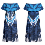 Personalised Geelong Cat Football Couples Matching Off Shoulder Maxi Dress and Hawaiian Shirt Electric Blue Mascot Charging Cityscape