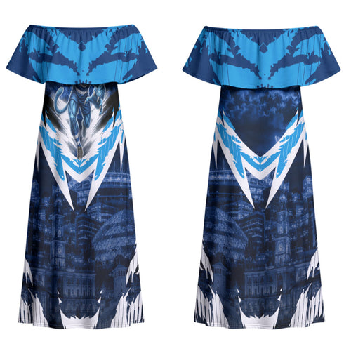 Personalised Geelong Cat Football Couples Matching Off Shoulder Maxi Dress and Hawaiian Shirt Electric Blue Mascot Charging Cityscape