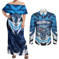 Personalised Geelong Cat Football Couples Matching Off Shoulder Maxi Dress and Long Sleeve Button Shirt Electric Blue Mascot Charging Cityscape