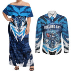 Personalised Geelong Cat Football Couples Matching Off Shoulder Maxi Dress and Long Sleeve Button Shirt Electric Blue Mascot Charging Cityscape