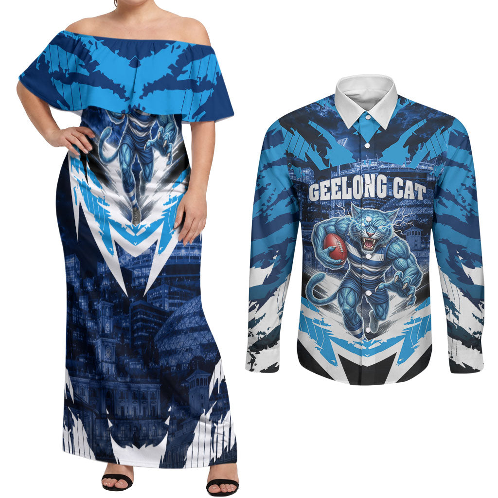 Personalised Geelong Cat Football Couples Matching Off Shoulder Maxi Dress and Long Sleeve Button Shirt Electric Blue Mascot Charging Cityscape