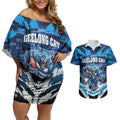Personalised Geelong Cat Football Couples Matching Off Shoulder Short Dress and Hawaiian Shirt Electric Blue Mascot Charging Cityscape
