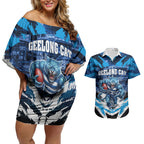 Personalised Geelong Cat Football Couples Matching Off Shoulder Short Dress and Hawaiian Shirt Electric Blue Mascot Charging Cityscape