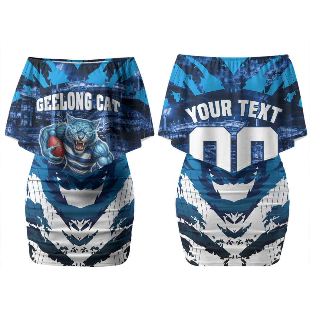 Personalised Geelong Cat Football Couples Matching Off Shoulder Short Dress and Hawaiian Shirt Electric Blue Mascot Charging Cityscape