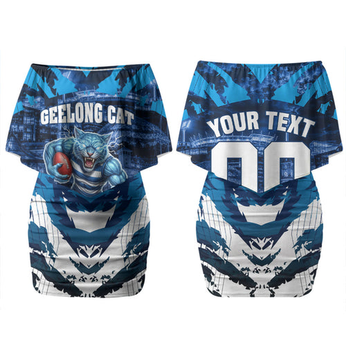 Personalised Geelong Cat Football Couples Matching Off Shoulder Short Dress and Hawaiian Shirt Electric Blue Mascot Charging Cityscape