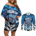 Personalised Geelong Cat Football Couples Matching Off Shoulder Short Dress and Long Sleeve Button Shirt Electric Blue Mascot Charging Cityscape