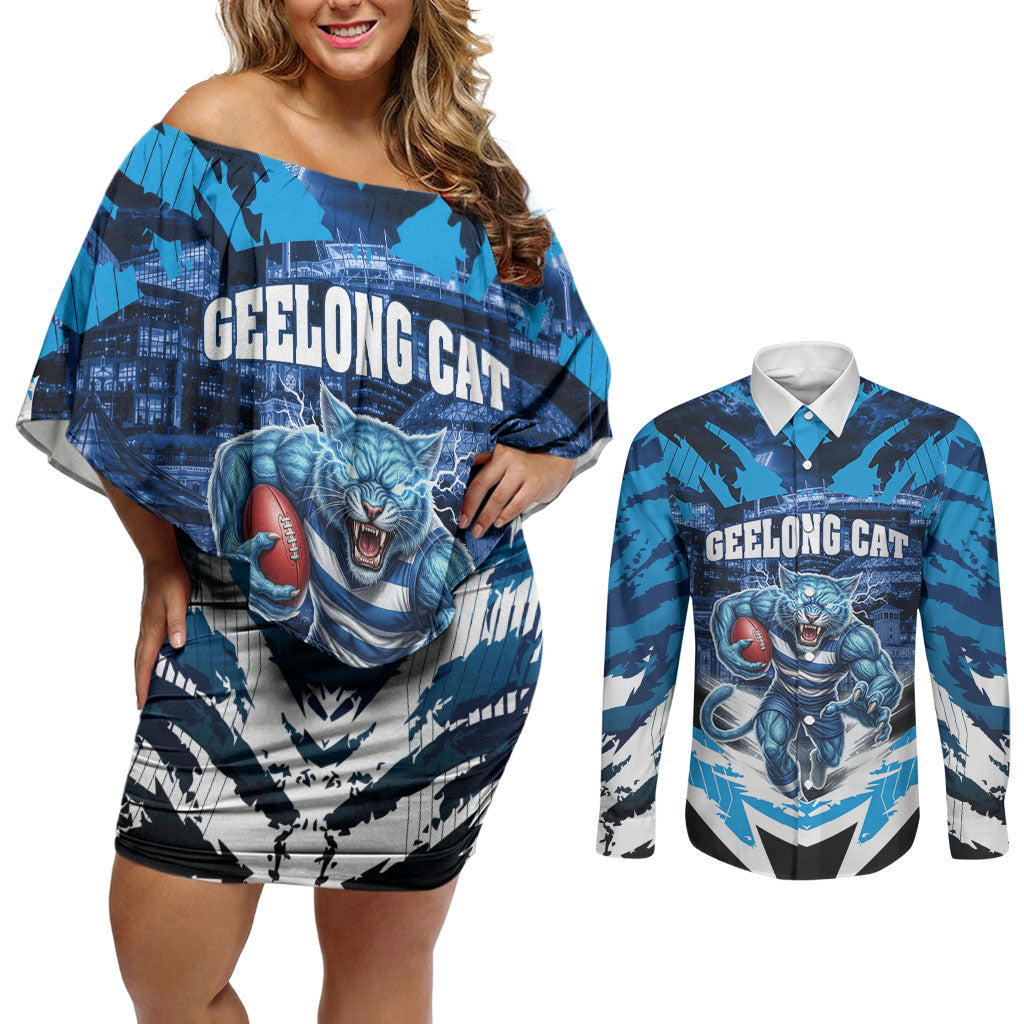 Personalised Geelong Cat Football Couples Matching Off Shoulder Short Dress and Long Sleeve Button Shirt Electric Blue Mascot Charging Cityscape