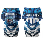 Personalised Geelong Cat Football Couples Matching Off Shoulder Short Dress and Long Sleeve Button Shirt Electric Blue Mascot Charging Cityscape