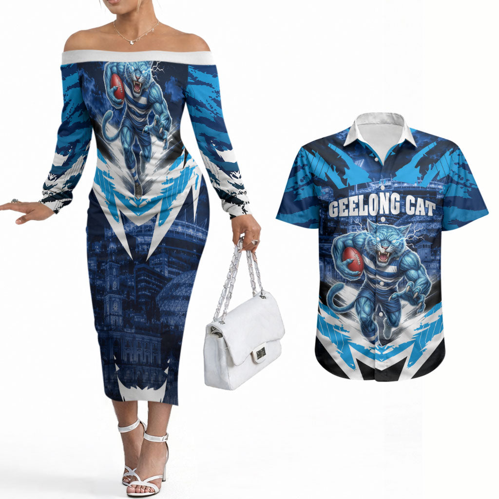 Personalised Geelong Cat Football Couples Matching Off The Shoulder Long Sleeve Dress and Hawaiian Shirt Electric Blue Mascot Charging Cityscape
