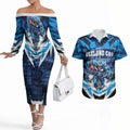 Personalised Geelong Cat Football Couples Matching Off The Shoulder Long Sleeve Dress and Hawaiian Shirt Electric Blue Mascot Charging Cityscape
