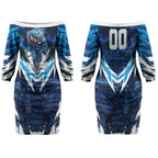 Personalised Geelong Cat Football Couples Matching Off The Shoulder Long Sleeve Dress and Hawaiian Shirt Electric Blue Mascot Charging Cityscape