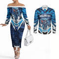 Personalised Geelong Cat Football Couples Matching Off The Shoulder Long Sleeve Dress and Long Sleeve Button Shirt Electric Blue Mascot Charging Cityscape