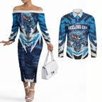 Personalised Geelong Cat Football Couples Matching Off The Shoulder Long Sleeve Dress and Long Sleeve Button Shirt Electric Blue Mascot Charging Cityscape