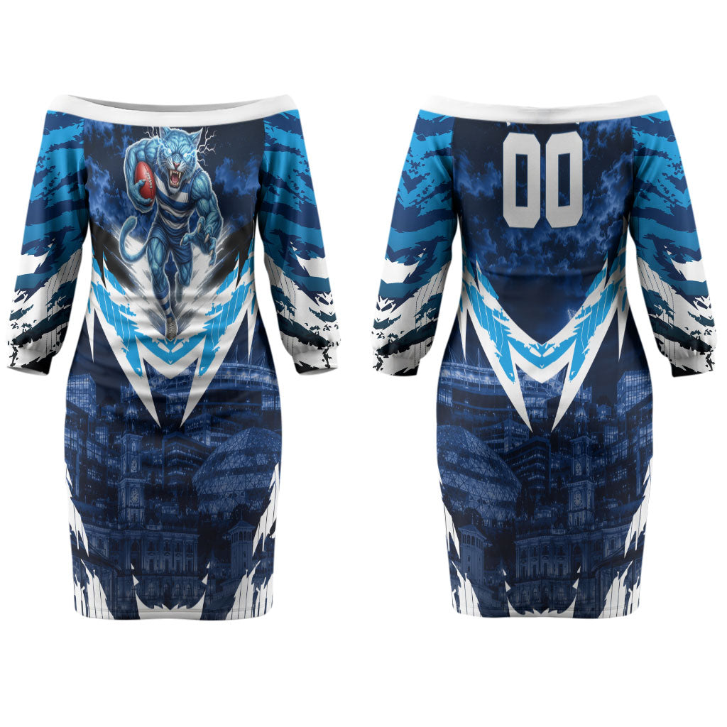 Personalised Geelong Cat Football Couples Matching Off The Shoulder Long Sleeve Dress and Long Sleeve Button Shirt Electric Blue Mascot Charging Cityscape