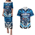 Personalised Geelong Cat Football Couples Matching Puletasi and Hawaiian Shirt Electric Blue Mascot Charging Cityscape