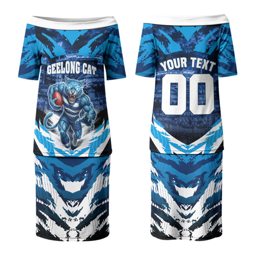Personalised Geelong Cat Football Couples Matching Puletasi and Hawaiian Shirt Electric Blue Mascot Charging Cityscape