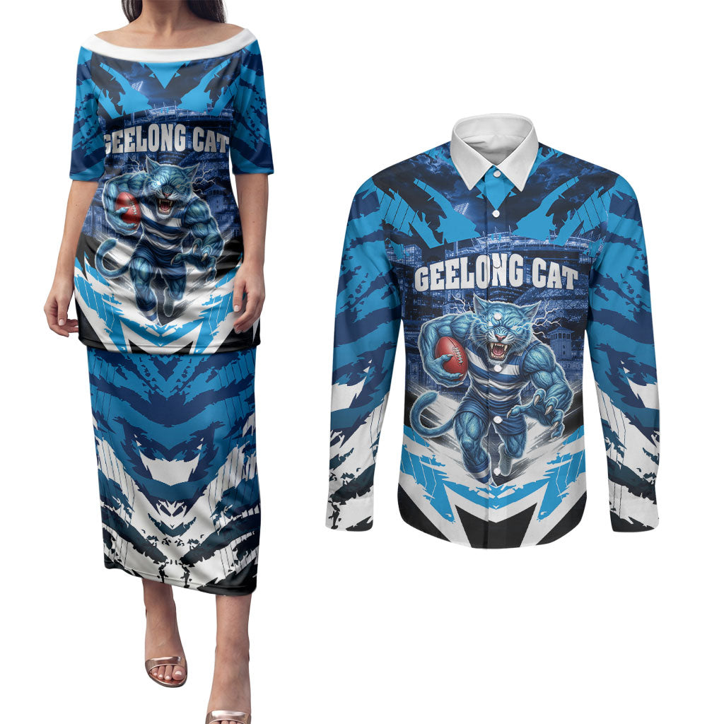 Personalised Geelong Cat Football Couples Matching Puletasi and Long Sleeve Button Shirt Electric Blue Mascot Charging Cityscape