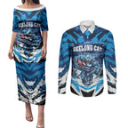Personalised Geelong Cat Football Couples Matching Puletasi and Long Sleeve Button Shirt Electric Blue Mascot Charging Cityscape